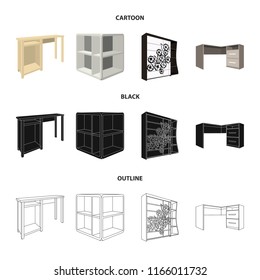 Dressing table, corner shelves, computer desk, wardrobe with glass. Bedroom furniture set collection icons in cartoon,black,outline style vector symbol stock illustration web.