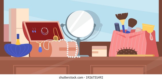 Mesa De Vestir Con Bolsa Cosmética, Espejo, Joyería, Cepillos De Maquillaje, Ilustración De Vector Plano Perfume. Accesorios de belleza para mujeres.