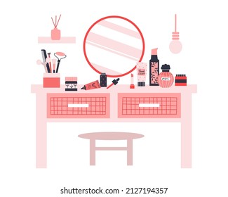 Dressing table with cosmetic products and mirror on a white background. Woman boudoir. Vector flat illustration