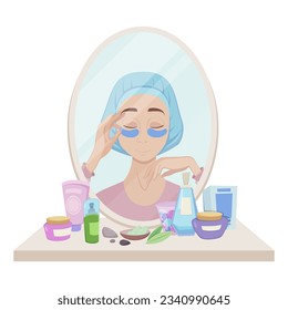 Dressing table with girl in mirror vector illustration. Cartoon drawing of woman using eye patches, skincare routine and products, jars with cream and bottles. Beauty, skincare, cosmetology concept