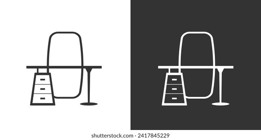 Symbol für den Drucktisch. Schwarz-weißes lineares Symbol auf schwarz-weißem Hintergrund
