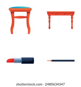 Dressing table icons set cartoon vector. Furniture and makeup cosmetic. Interior detail, accessory