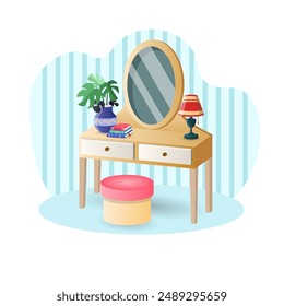 Dressing Table illustration. Mirror, flower, lamp, books, ottoman. Editable vector graphic design.