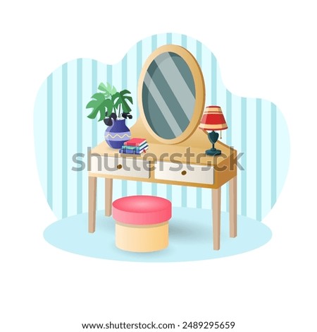 Dressing Table illustration. Mirror, flower, lamp, books, ottoman. Editable vector graphic design.