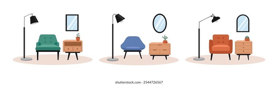 Dressing table illustration. Dressing room illustration. Cozy sofa. Mirror room. Styling room. Floor lamp illustration. 