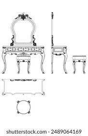 Vektorillustration der Frisiertischlinie. Verschiedene Ansichten von Frisiertisch, ideal für Möbeldesign und Innenkonzepte mit Front-, Seiten- und Draufsicht