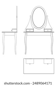 Dressing Table Line Vector Illustration. Different Views of Dressing Table, Ideal for Furniture Design and Interior Concepts with Front, Side, and Top Views