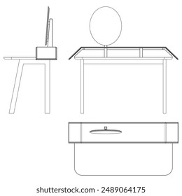 Dressing Table Line Vector Illustration. Different Views of Dressing Table, Ideal for Furniture Design and Interior Concepts with Front, Side, and Top Views