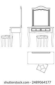 Dressing Table Line Vector Illustration. Different Views of Dressing Table, Ideal for Furniture Design and Interior Concepts with Front, Side, and Top Views