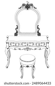 Dressing Table Line Vector Illustration.  Set of Different Views of Dressing Table with Detailed Design Elements, Ideal for Furniture Design and Interior Concepts