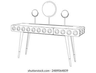 Dressing Table Line Vector Illustration. Different Views of Dressing Table, Ideal for Furniture Design and Interior Concepts 