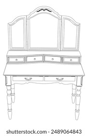 Dressing Table Line Vector Illustration. Different Views of Dressing Table, Ideal for Furniture Design and Interior Concepts 