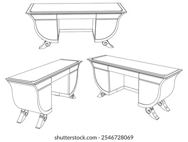 Dressing Table Line Vector Illustration.  Set of Different Views of Dressing Table with Detailed Design Elements, Ideal for Furniture Design and Interior Concepts. Elegant Antique Home Decor