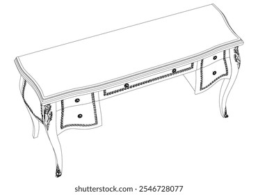 Dressing Table Line Vector Illustration.  Set of Different Views of Dressing Table with Detailed Design Elements, Ideal for Furniture Design and Interior Concepts. Elegant Antique Home Decor