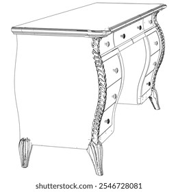 Dressing Table Line Vector Illustration.  Set of Different Views of Dressing Table with Detailed Design Elements, Ideal for Furniture Design and Interior Concepts. Elegant Antique Home Decor