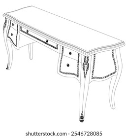 Dressing Table Line Vector Illustration.  Set of Different Views of Dressing Table with Detailed Design Elements, Ideal for Furniture Design and Interior Concepts. Elegant Antique Home Decor