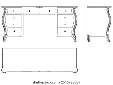 Ilustración vectorial de línea de tocador.  Conjunto de diferentes vistas de tocador con Elementos de diseño detallados, ideal para el diseño de muebles y conceptos de interiores. Decoración casera antigua elegante