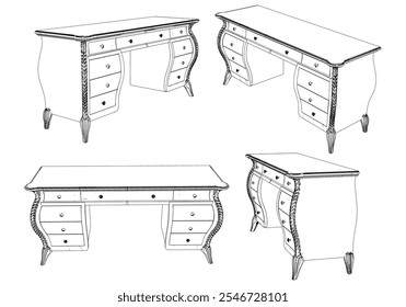 Dressing Table Line Vector Illustration.  Set of Different Views of Dressing Table with Detailed Design Elements, Ideal for Furniture Design and Interior Concepts. Elegant Antique Home Decor