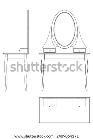 Dressing Table Line Vector Illustration. Different Views of Dressing Table, Ideal for Furniture Design and Interior Concepts with Front, Side, and Top Views