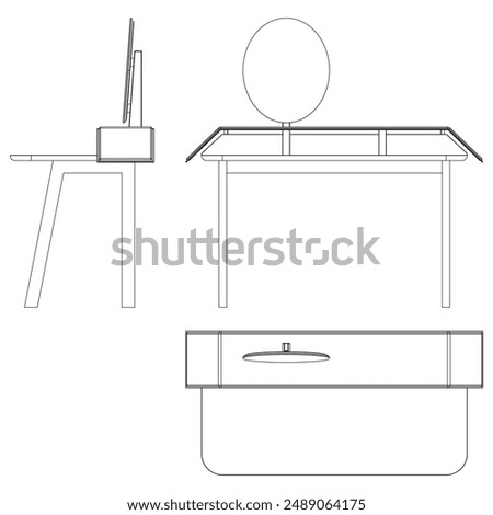 Dressing Table Line Vector Illustration. Different Views of Dressing Table, Ideal for Furniture Design and Interior Concepts with Front, Side, and Top Views