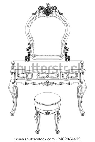 Dressing Table Line Vector Illustration.  Set of Different Views of Dressing Table with Detailed Design Elements, Ideal for Furniture Design and Interior Concepts