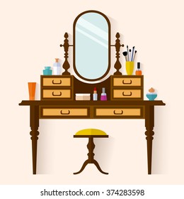 Dressing table with Make Up. Flat style vector illustration. Woman boudoir with table.