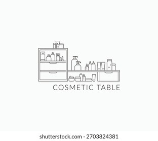 Maquillaje de mesa de tocador Almacenamiento cosmético Cuidado de la piel Cajón de escritorio Línea de diseño de logotipo de diseño de diseño de líneas de arte Ilustración vectorial