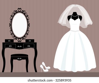 dressing table mannequin and long wedding dress