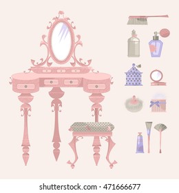 Dressing table with a mirror and a chair. Retro style. Art deco. Vector illustration.