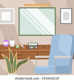 Dressing table with mirror and cosmetic products. Female boudoir for applying makeup vector illustration. Wooden table with cosmetics. Items for skin and hair care. Empty room interior design layout