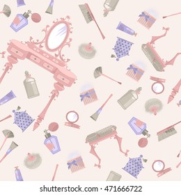 Dressing table with a mirror and cosmetics. Retro style. Seamless background pattern. Vector illustration
