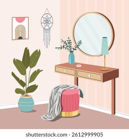 Dressing table with mirror. Cozy home interior.  Vector flat cartoon illustration