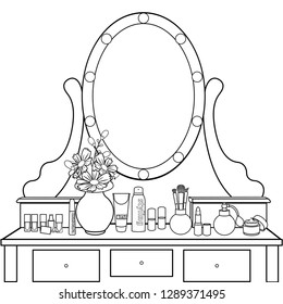 Dressing table with mirror, female boudoir for applying makeup, coloring, sketch, contour black and white drawing, vector illustration. Table with shelves and mirror with light bulbs and chair in room