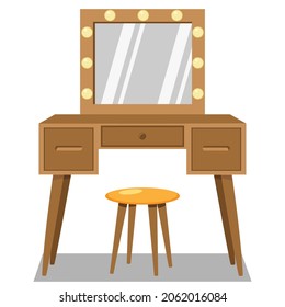 dressing table with mirror flat vector, makeup mirror, dressing table, table, chair, flat illustration