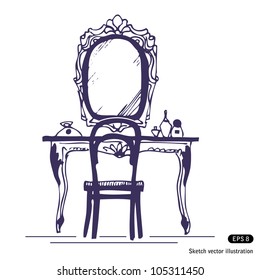 Dressing table and mirror. Hand drawn sketch illustration isolated on white background