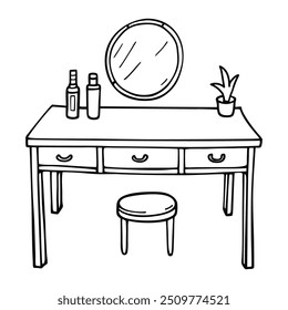 Dressing table with mirror. Hand drawn vector illustration in doodle style.