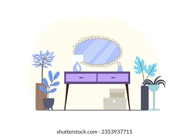Mesa con espejo y plantas de la casa en tonos pastel. Ilustración de estilo plano con elementos fácilmente modificables.