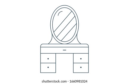 Dressing table with mirror icon, logo, female boudoir for makeup silhouette, black and white drawing, vector illustration. Table with shelves, mirror