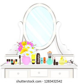 Dressing table with mirror with lights, female boudoir for makeup, flat drawing, vector illustration. White table and mirror with light bulbs and with cosmetic and flowers isolated on white background