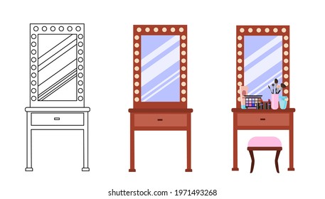 Dressing table with mirror in modern style. diagram,  dressing table with cosmetics, makeup brushes, perfume and a comb. Vector illustration in flat and linear style.