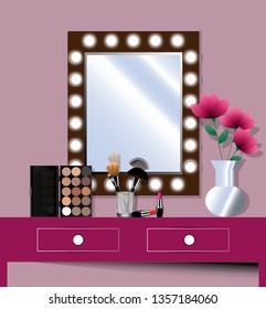 Dressing table with a mirror in pink