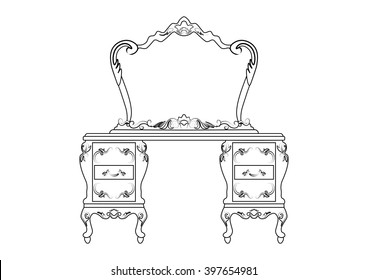 Dressing table and mirror set with luxurious rich ornaments. Baroque damask ornamented style. Vector sketch