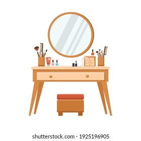 Dressing table with mirror and stool. Cosmetics and jewelry box on the table.