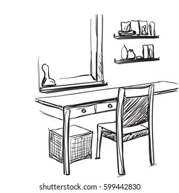 Dressing table with mirror. Vector sketch
