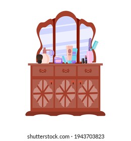 Dressing table with mirror in vintage style. Cosmetics, makeup brushes, perfume and a comb on the table. Vector illustration in cartoon flat style