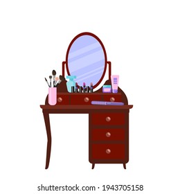 Dressing table with mirror in vintage style. Cosmetics, makeup brushes, perfume and a comb on the table. Vector illustration in cartoon flat style