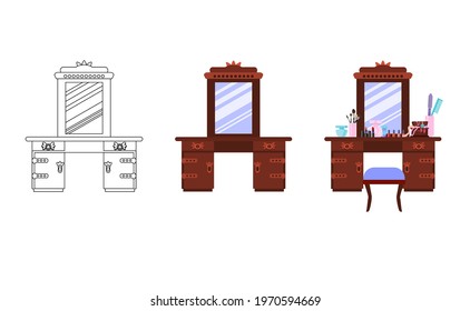 Dressing table with mirror in vintage style. diagram,  dressing table with cosmetics, makeup brushes, perfume and a comb. Vector illustration in flat and linear style.