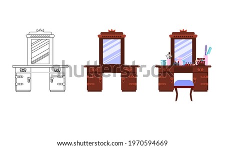 Dressing table with mirror in vintage style. diagram,  dressing table with cosmetics, makeup brushes, perfume and a comb. Vector illustration in flat and linear style.