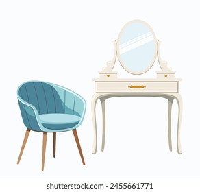 Dressing table with mirror or a womans boudoir for applying makeup. Table with mirror and chair in room. Flat style vector illustration isolated on white background in eps 10