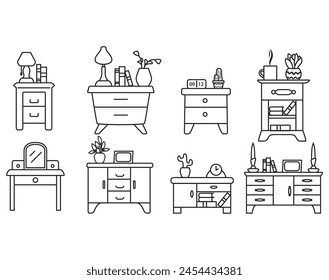 A dressing table with a mirror.Chest of drawers.Line art vector illustration. Bedside table.Nightstand outline icon.Thin line black bedside table with with a cactus and a cup of coffee.